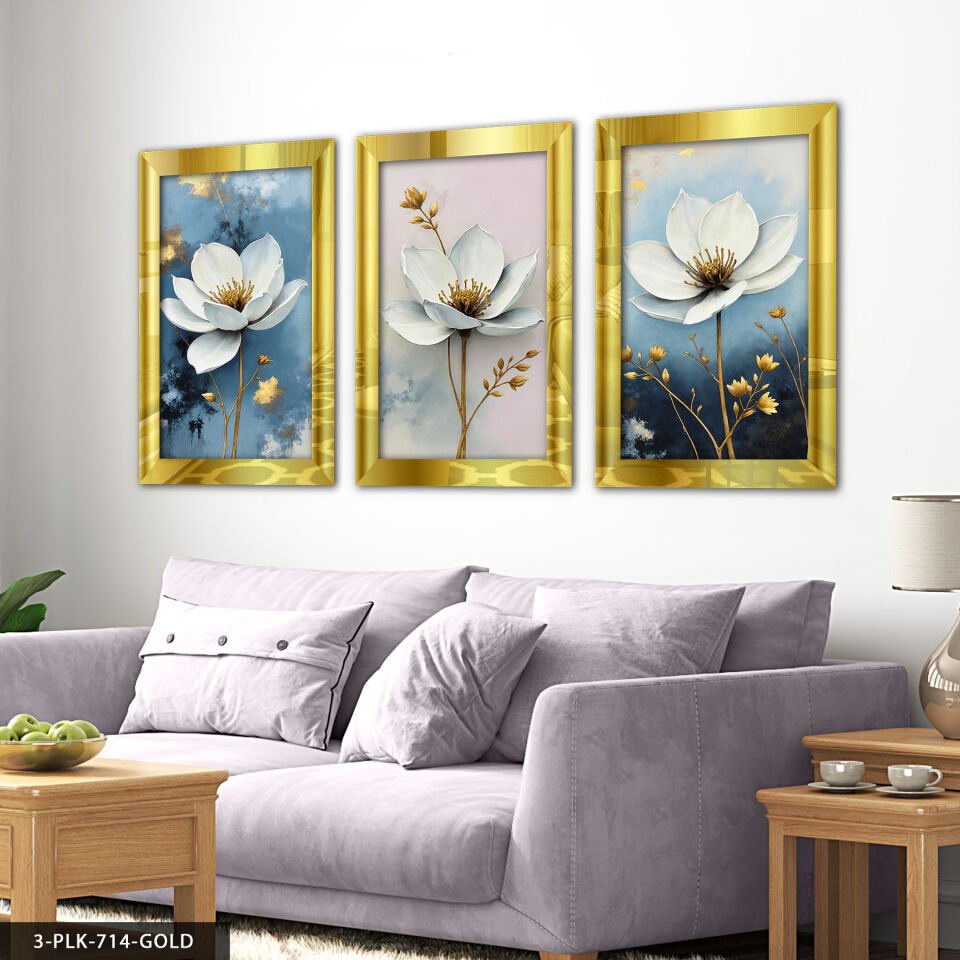 Gold Yapraklı Beyaz Çiçek 3 Parça Pleksi Aynalı Tablo Gold - 60 x 80 CM