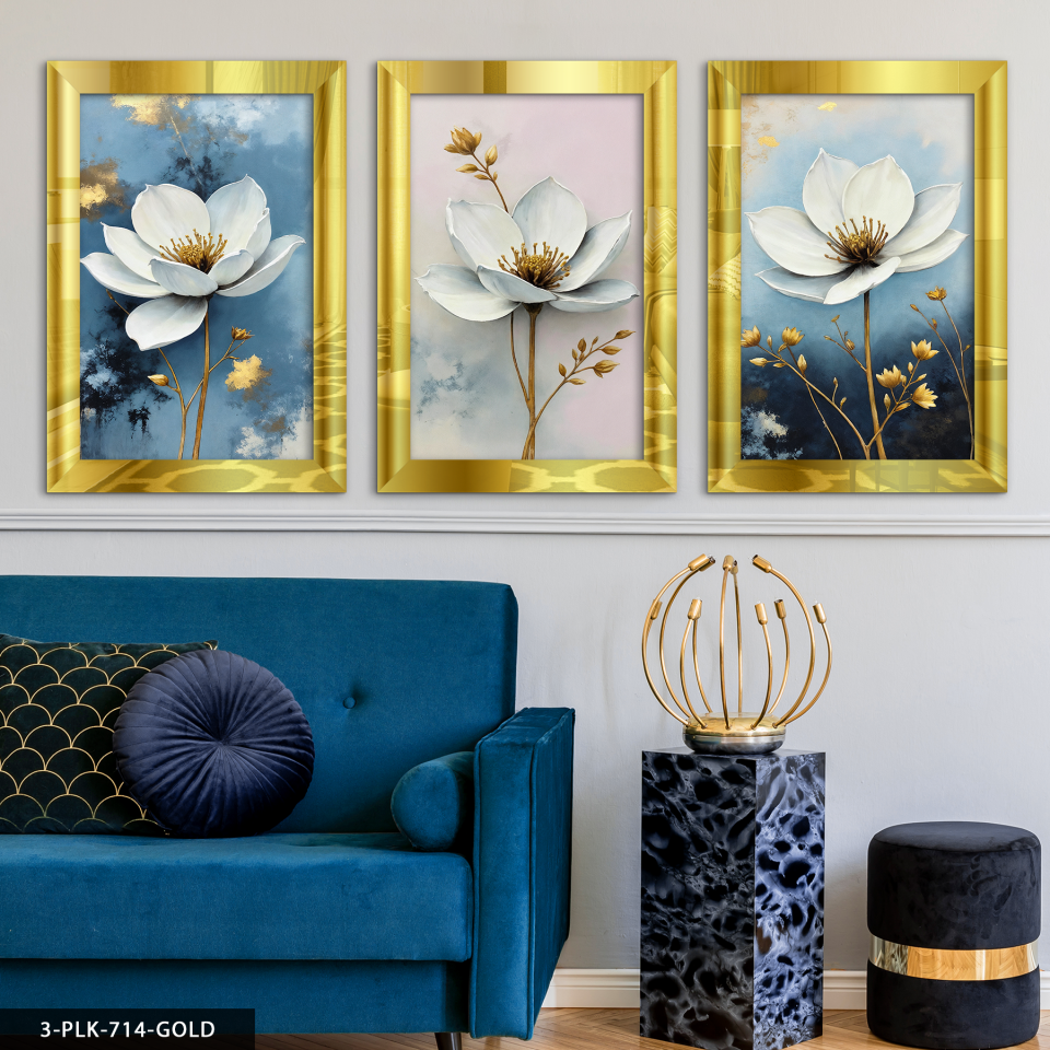 Gold Yapraklı Beyaz Çiçek 3 Parça Pleksi Aynalı Tablo Gold - 60 x 80 CM