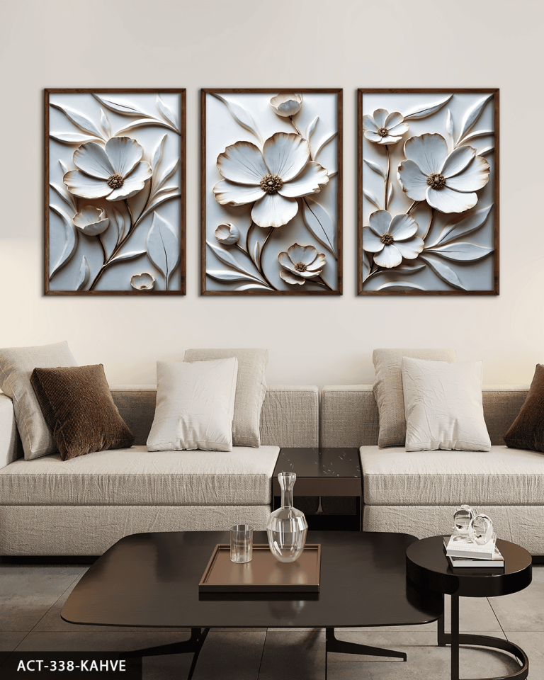 Dokulu Görünüm Beyaz Çiçek 3 Parça Ahşap Çerçeveli Tablo ACT Kahverengi - 50 x 70 CM