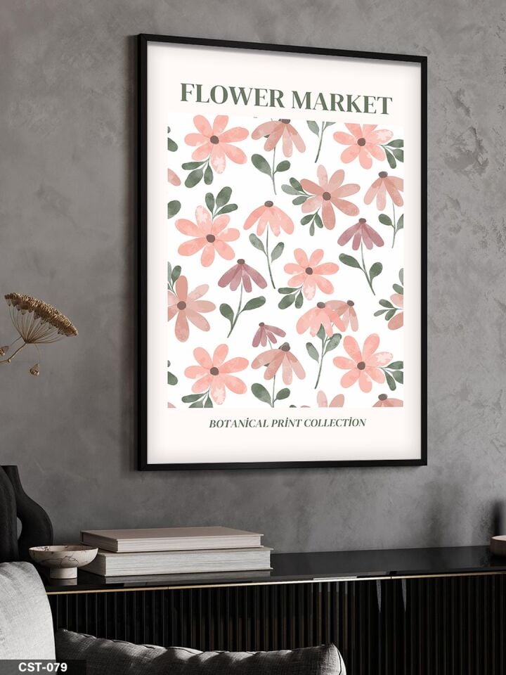 Çiçek Pazarı Flower Market Yazılı Tek Parça Ahşap Çerçeveli Tablo Siyah - 50 x 70 CM