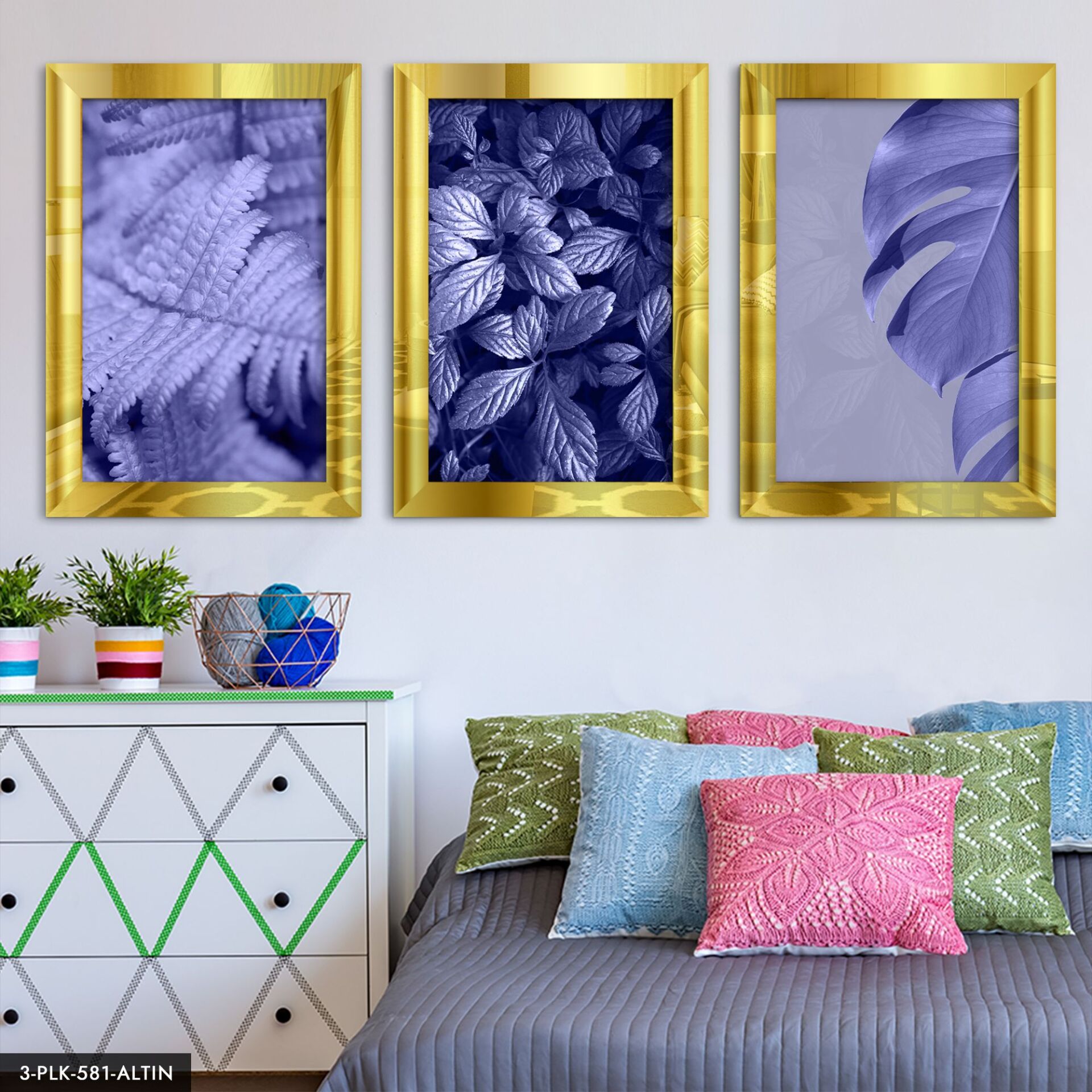 Peri Rengi Yapraklar 3 Parça Pleksi Aynalı Tablo 50 x 70 CM - Gümüş