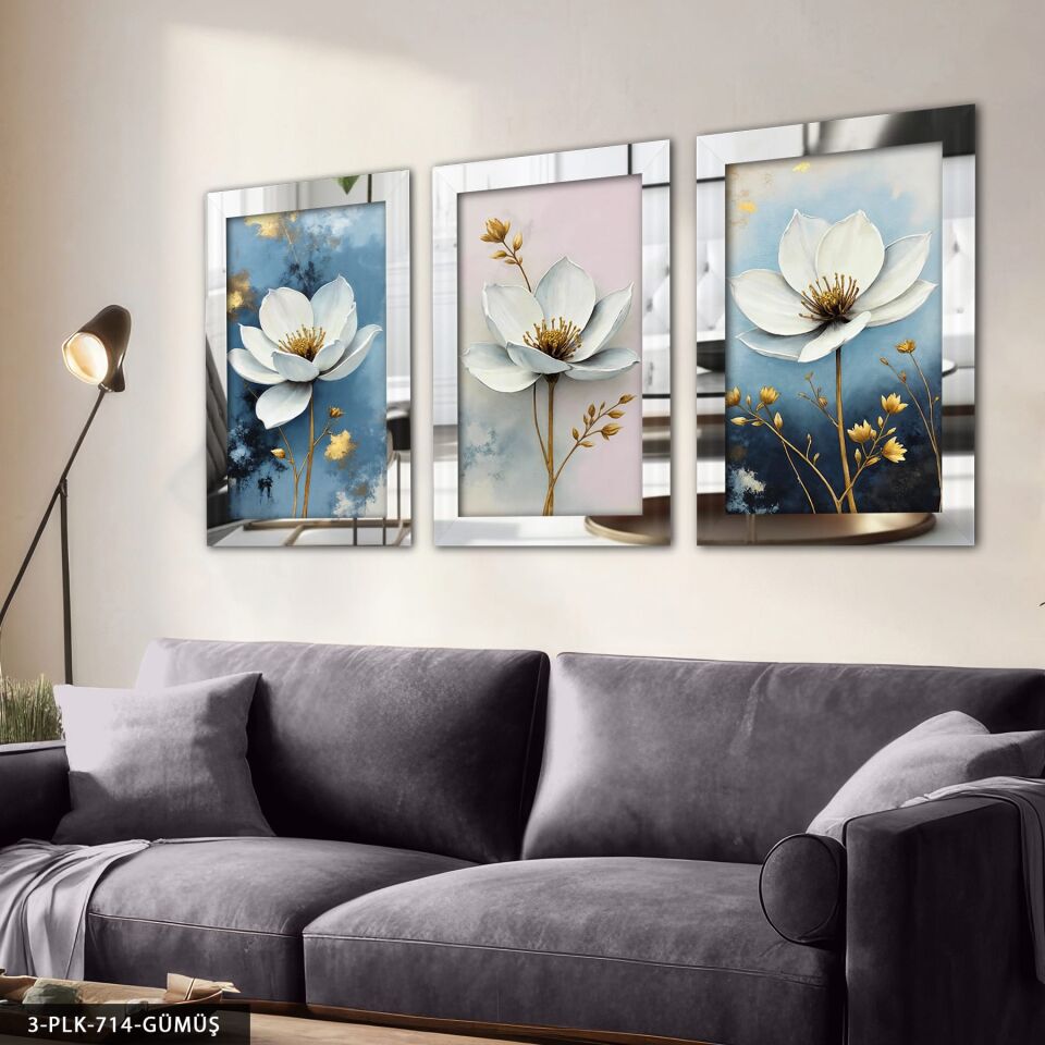 Gold Yapraklı Beyaz Çiçek 3 Parça Pleksi Aynalı Tablo Gümüş - 20 x 30 CM