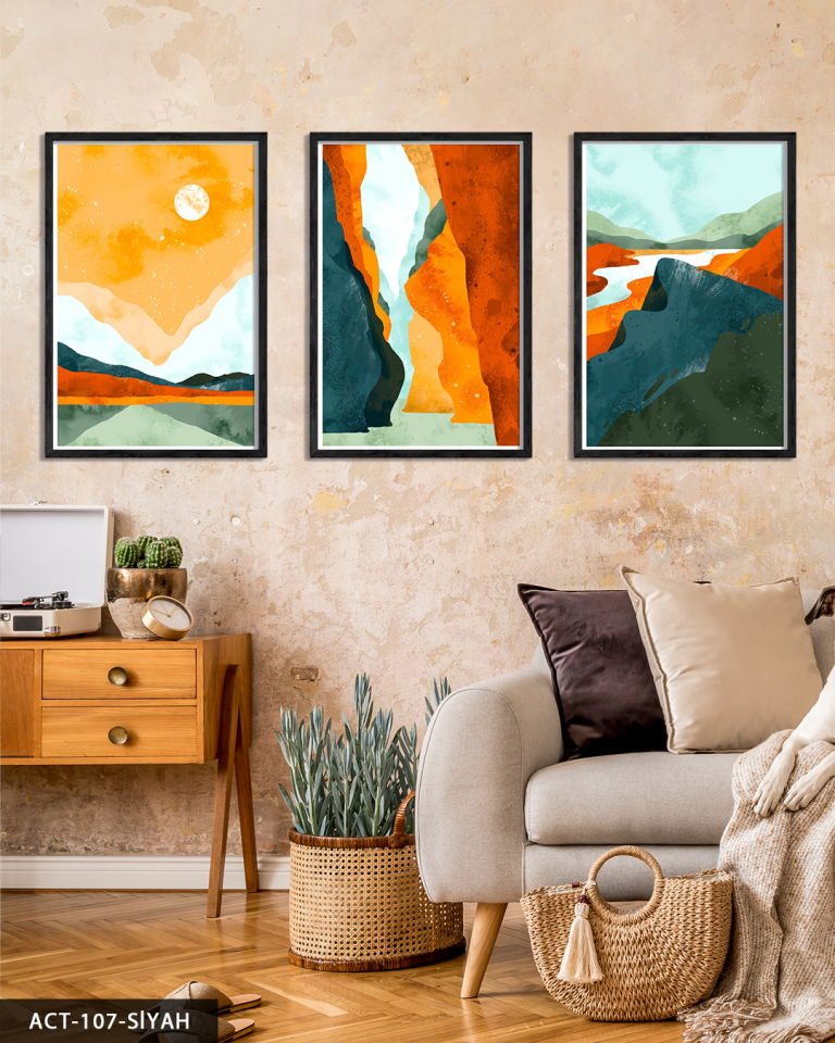 Renkli Modern Sanat 3 Parça Ahşap Çerçeveli Tablo ACT