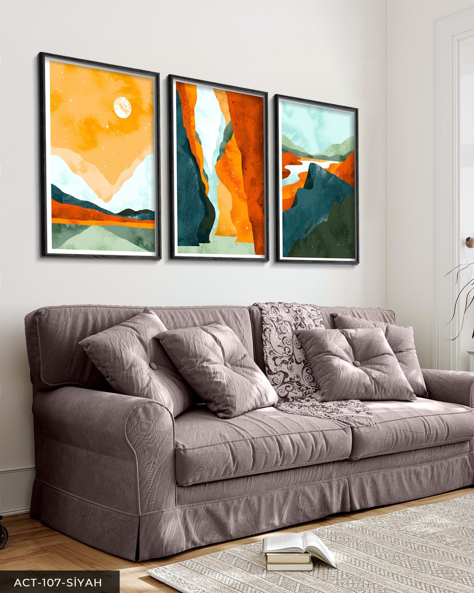 Renkli Modern Sanat 3 Parça Ahşap Çerçeveli Tablo ACT