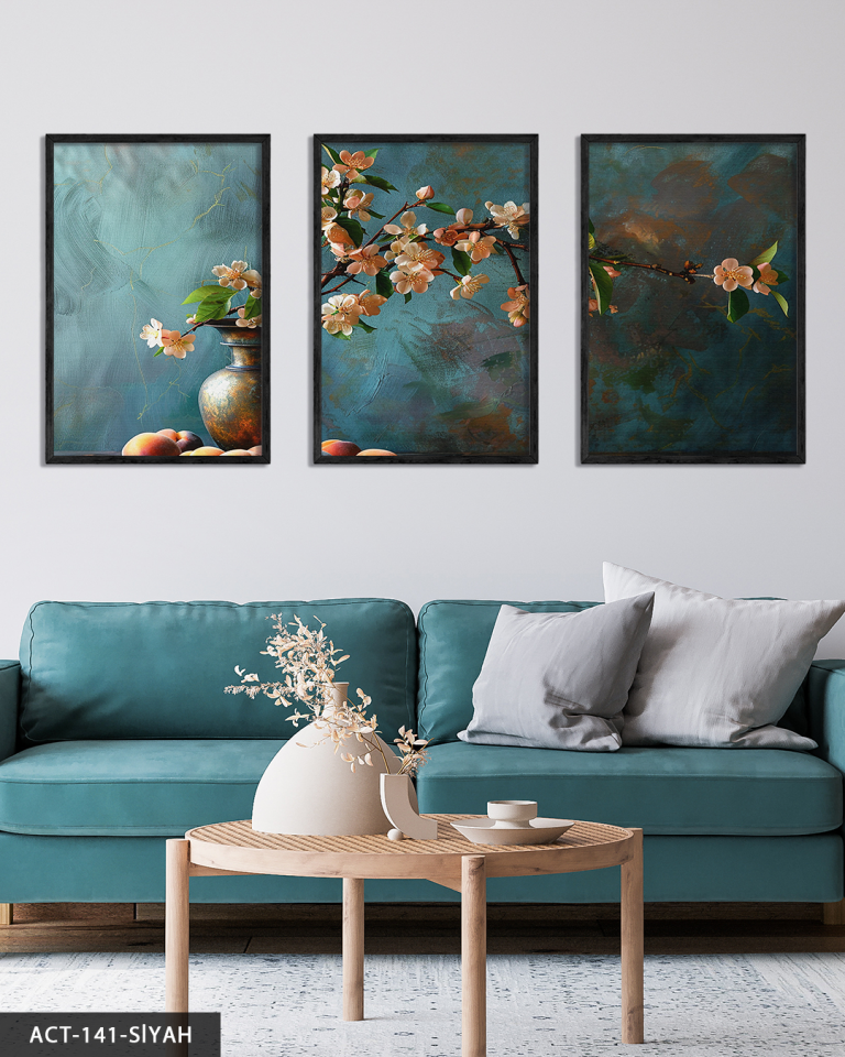 Yağlı Boya Görünümlü Kiraz Çiçekleri 3 Parça Ahşap Çerçeveli Tablo ACT Siyah - 20 x 30 CM