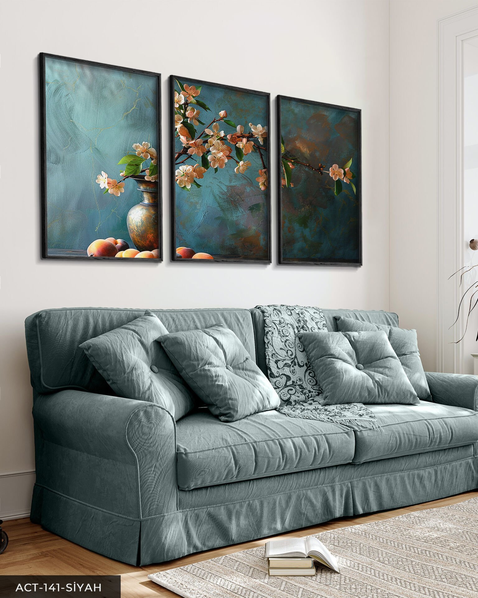 Yağlı Boya Görünümlü Kiraz Çiçekleri 3 Parça Ahşap Çerçeveli Tablo ACT Siyah - 20 x 30 CM