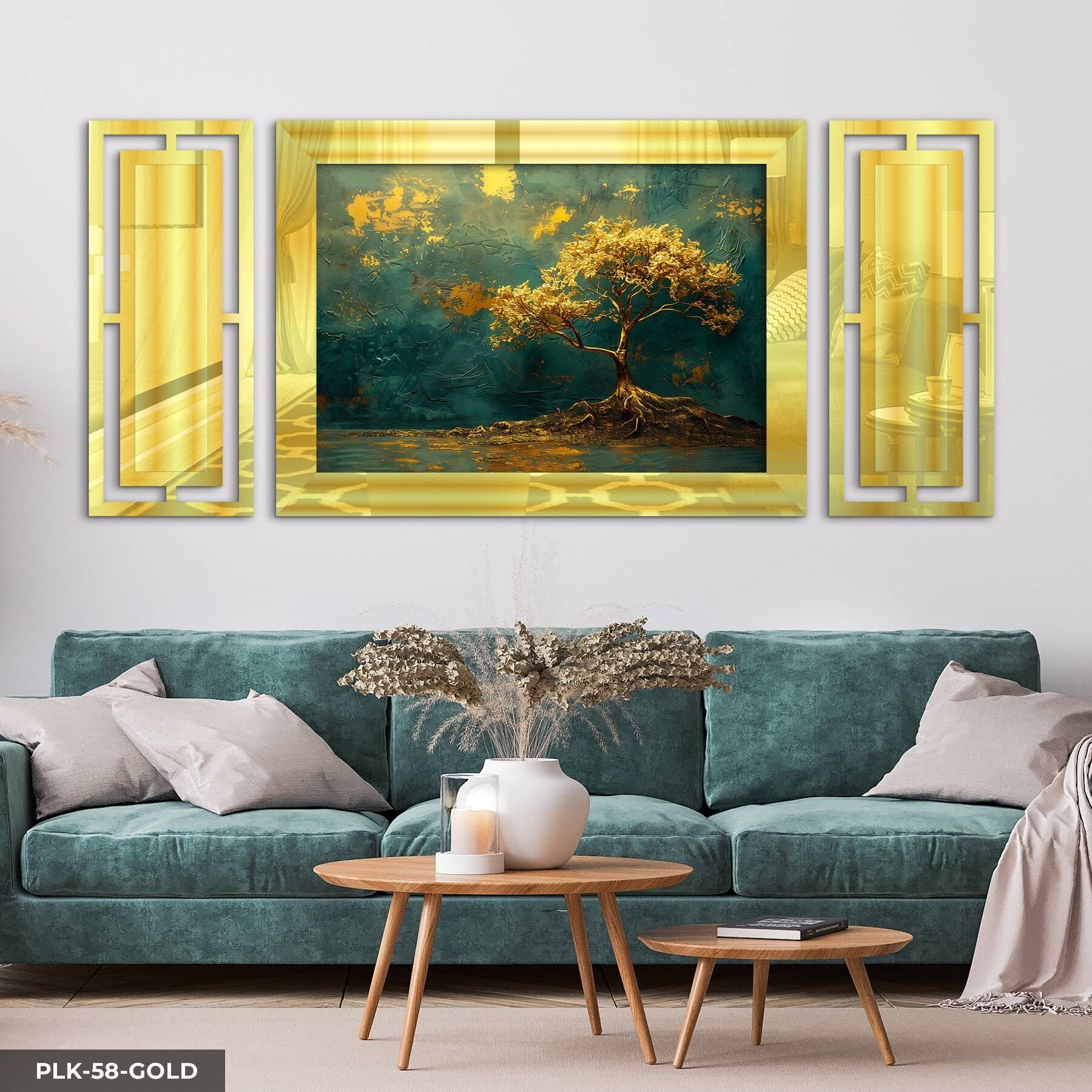 Gold Ağaç Yan Dekorlu 3 Parça Pleksi Tablo DKRPLK 130 x 25 CM - Gold