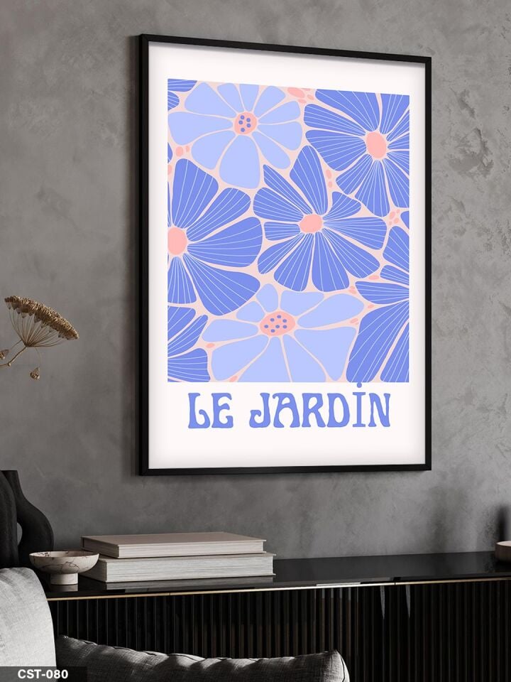 Mavi Çiçekli Le Jardin Yazılı Tek Parça Ahşap Çerçeveli Tablo Siyah - 50 x 70 CM