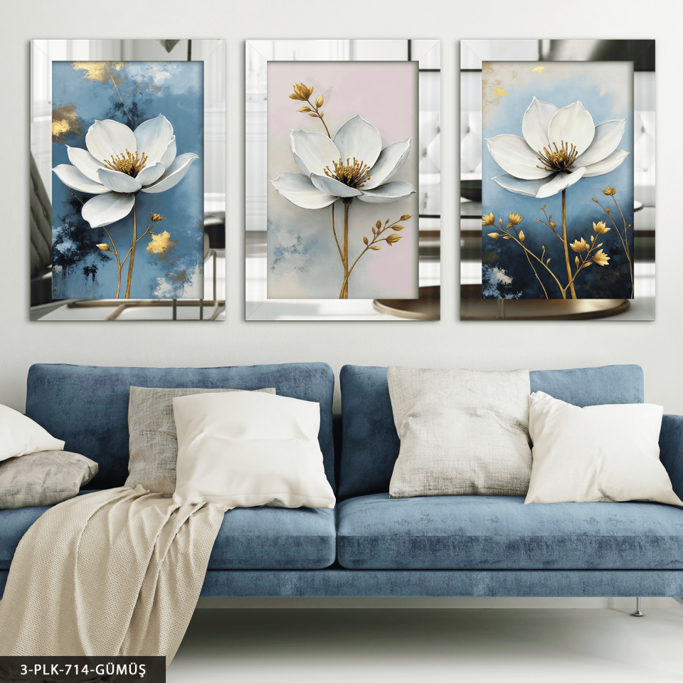 Gold Yapraklı Beyaz Çiçek 3 Parça Pleksi Aynalı Tablo Gümüş - 30 x 40 CM