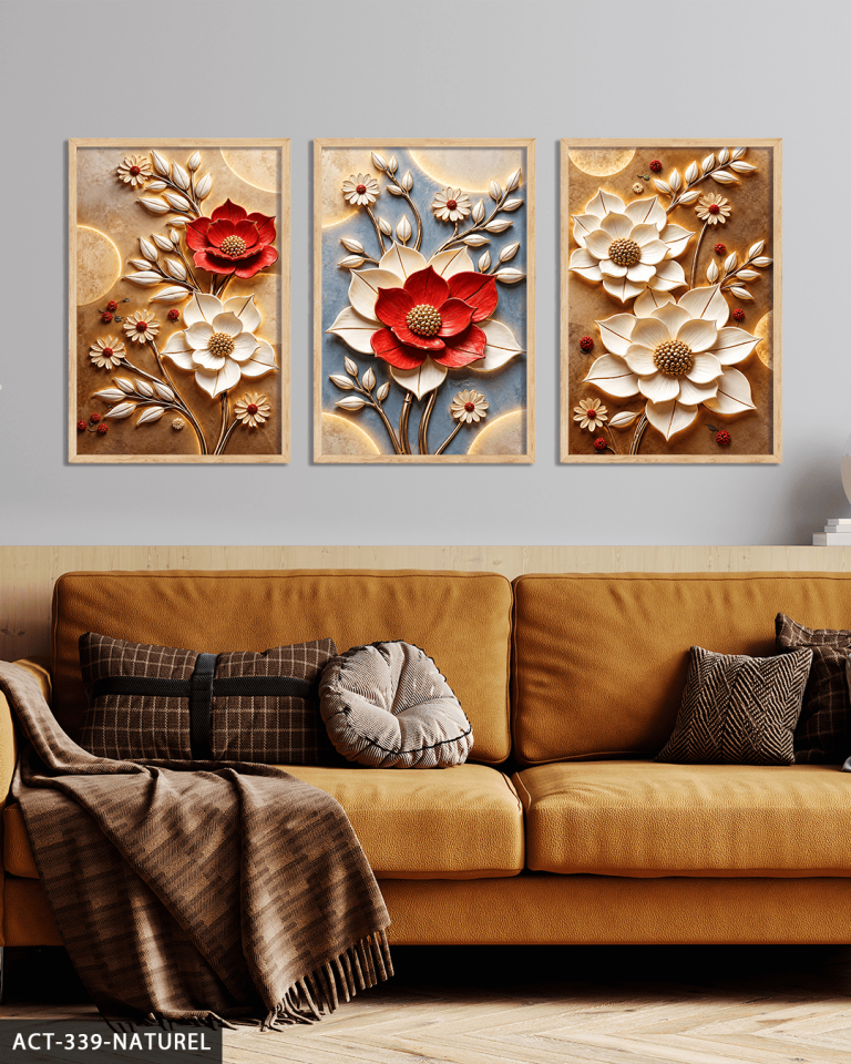 Kırmızı Beyaz Çiçek 3 Parça Ahşap Çerçeveli Tablo ACT Naturel - 30 x 40 CM