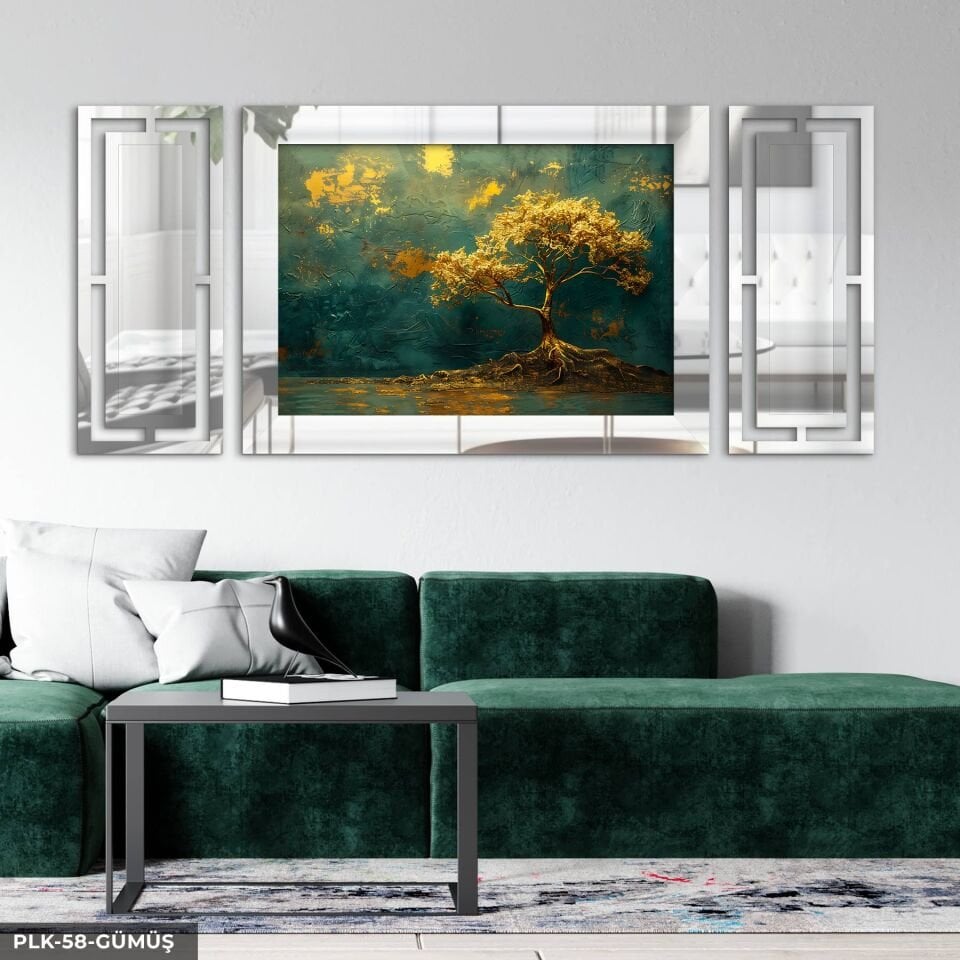 Gold Ağaç Yan Dekorlu 3 Parça Pleksi Tablo DKRPLK 130 x 25 CM - Gümüş
