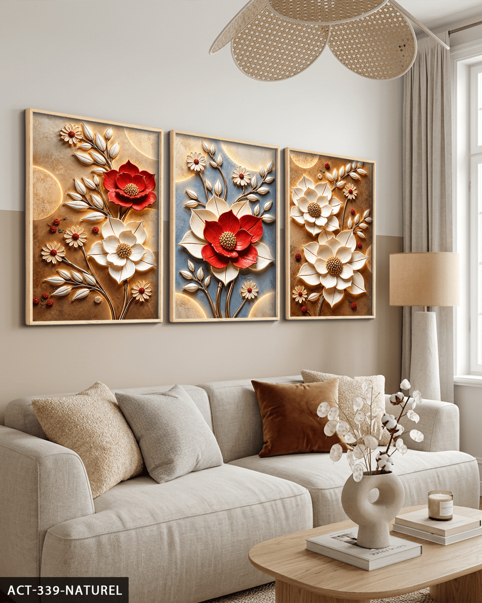 Kırmızı Beyaz Çiçek 3 Parça Ahşap Çerçeveli Tablo ACT Naturel - 40 x 60 CM