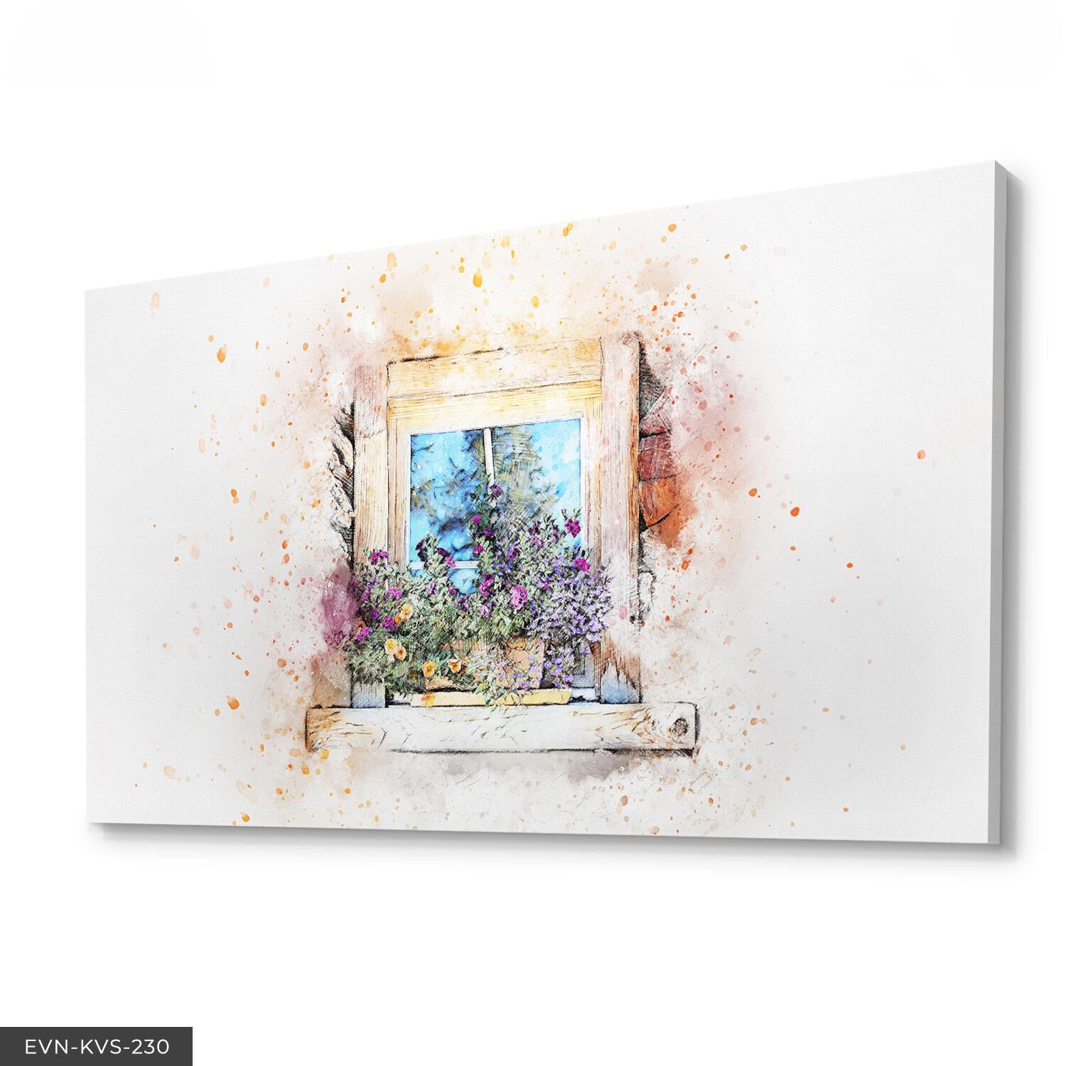 Çizim Çiçekli Pencere Tek Parça Kanvas Canvas Tablo Tablo 40 x 30 CM - Çok Renkli