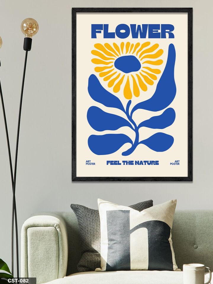 Sarı Çiçekli Flower Yazılı Tek Parça Ahşap Çerçeveli Tablo Siyah - 50 x 70 CM