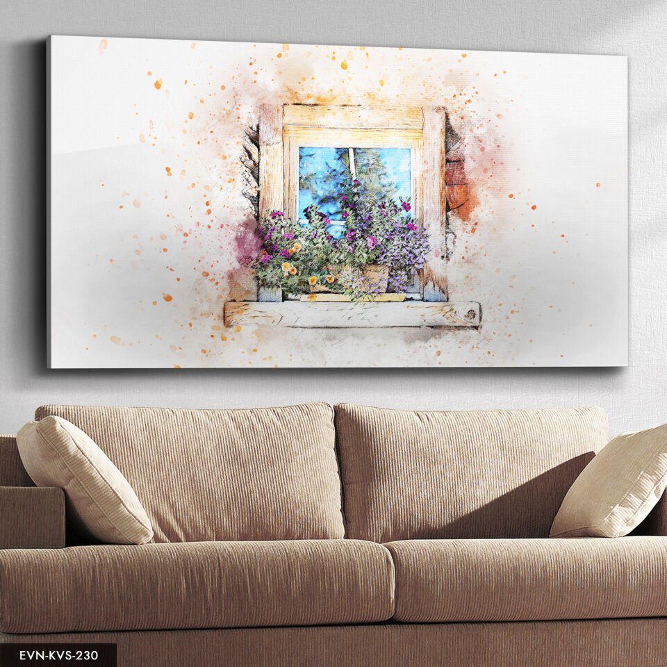 Çizim Çiçekli Pencere Tek Parça Kanvas Canvas Tablo Tablo
