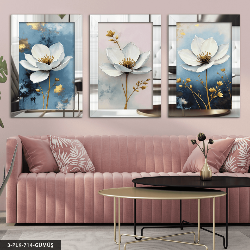 Gold Yapraklı Beyaz Çiçek 3 Parça Pleksi Aynalı Tablo Gümüş - 50 x 70 CM