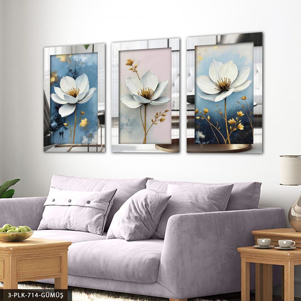 Gold Yapraklı Beyaz Çiçek 3 Parça Pleksi Aynalı Tablo Gümüş - 50 x 70 CM