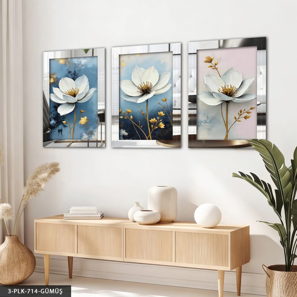 Gold Yapraklı Beyaz Çiçek 3 Parça Pleksi Aynalı Tablo Gümüş - 50 x 70 CM