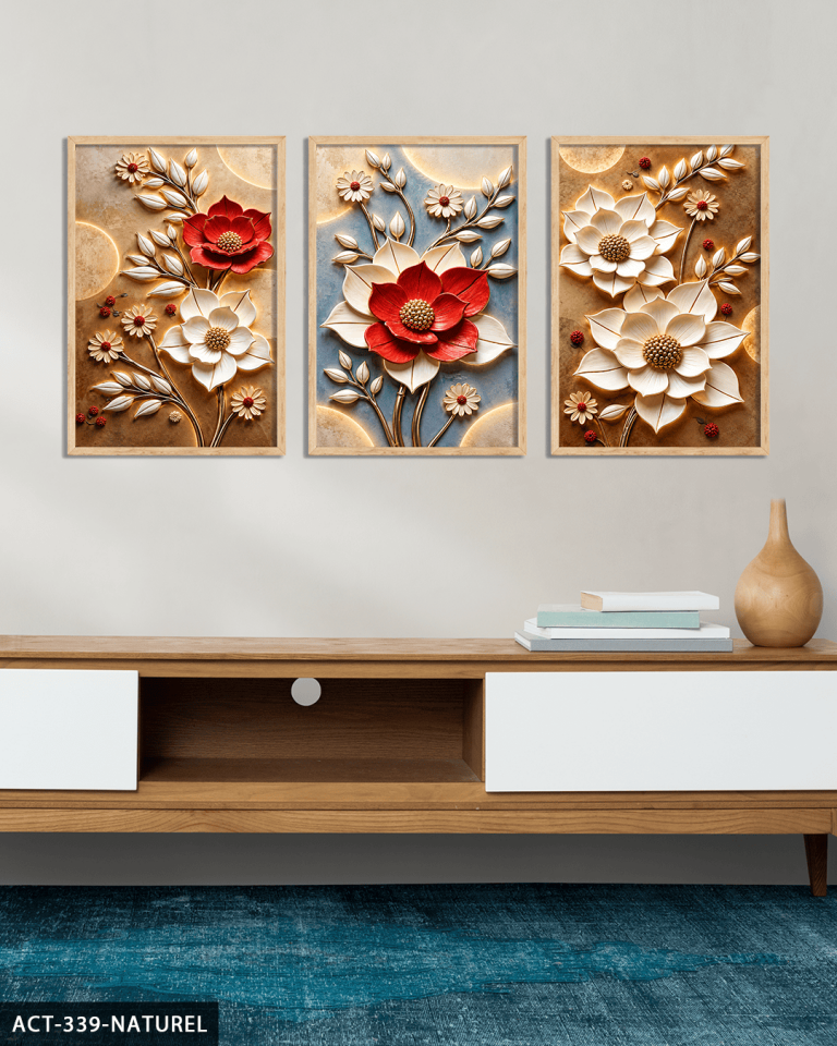 Kırmızı Beyaz Çiçek 3 Parça Ahşap Çerçeveli Tablo ACT Naturel - 50 x 70 CM