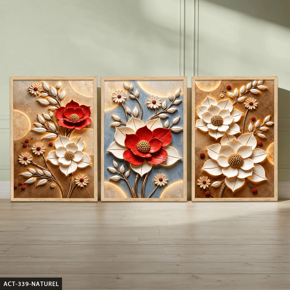 Kırmızı Beyaz Çiçek 3 Parça Ahşap Çerçeveli Tablo ACT Naturel - 50 x 70 CM