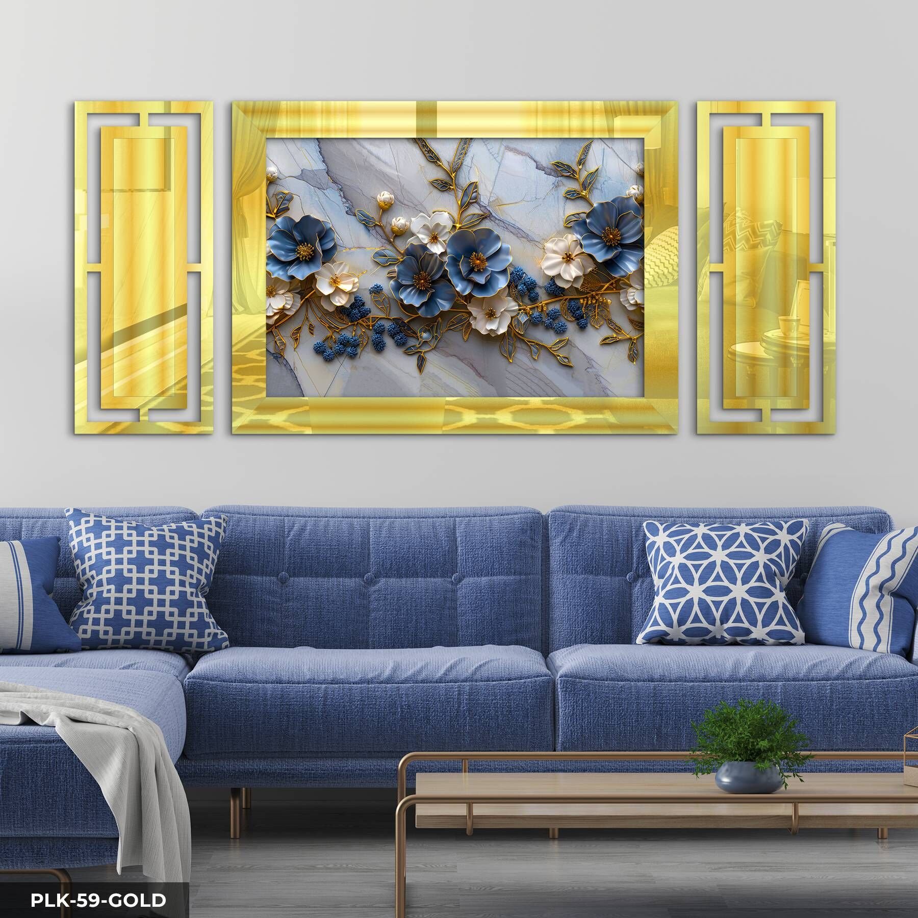 Gold Detaylı Mavi Beyaz Çiçekler Yan Dekorlu 3 Parça Pleksi Tablo DKRPLK 130 x 25 CM - Gold