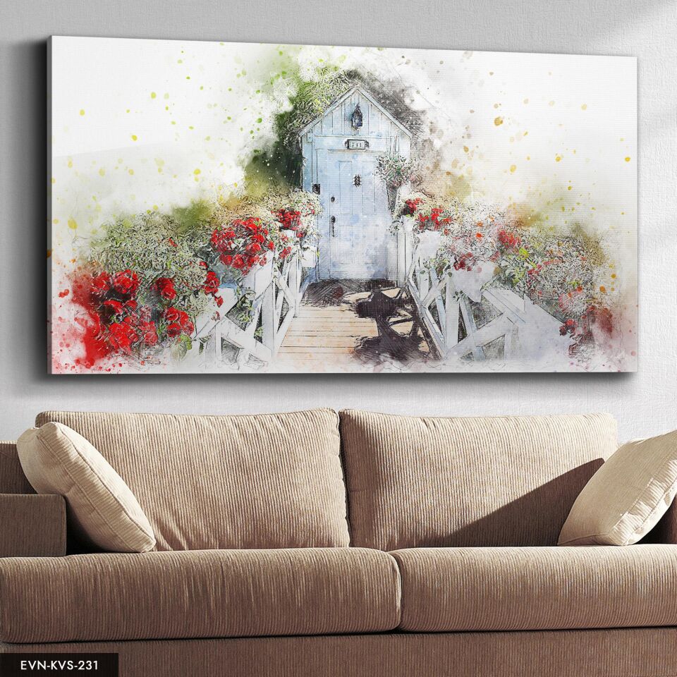 Çizim Çiçekli Yol Tek Parça Kanvas Canvas Tablo Tablo 40 x 30 CM - Çok Renkli