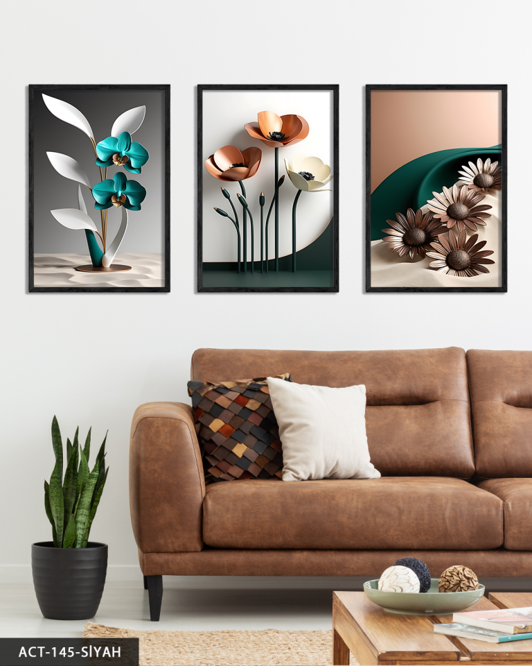 Zarif Mavi ve Pembe Çiçekler 3 Parça Ahşap Çerçeveli Tablo ACT Siyah - 20 x 30 CM