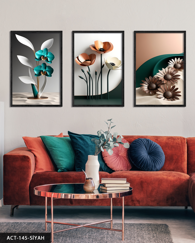 Zarif Mavi ve Pembe Çiçekler 3 Parça Ahşap Çerçeveli Tablo ACT Siyah - 20 x 30 CM