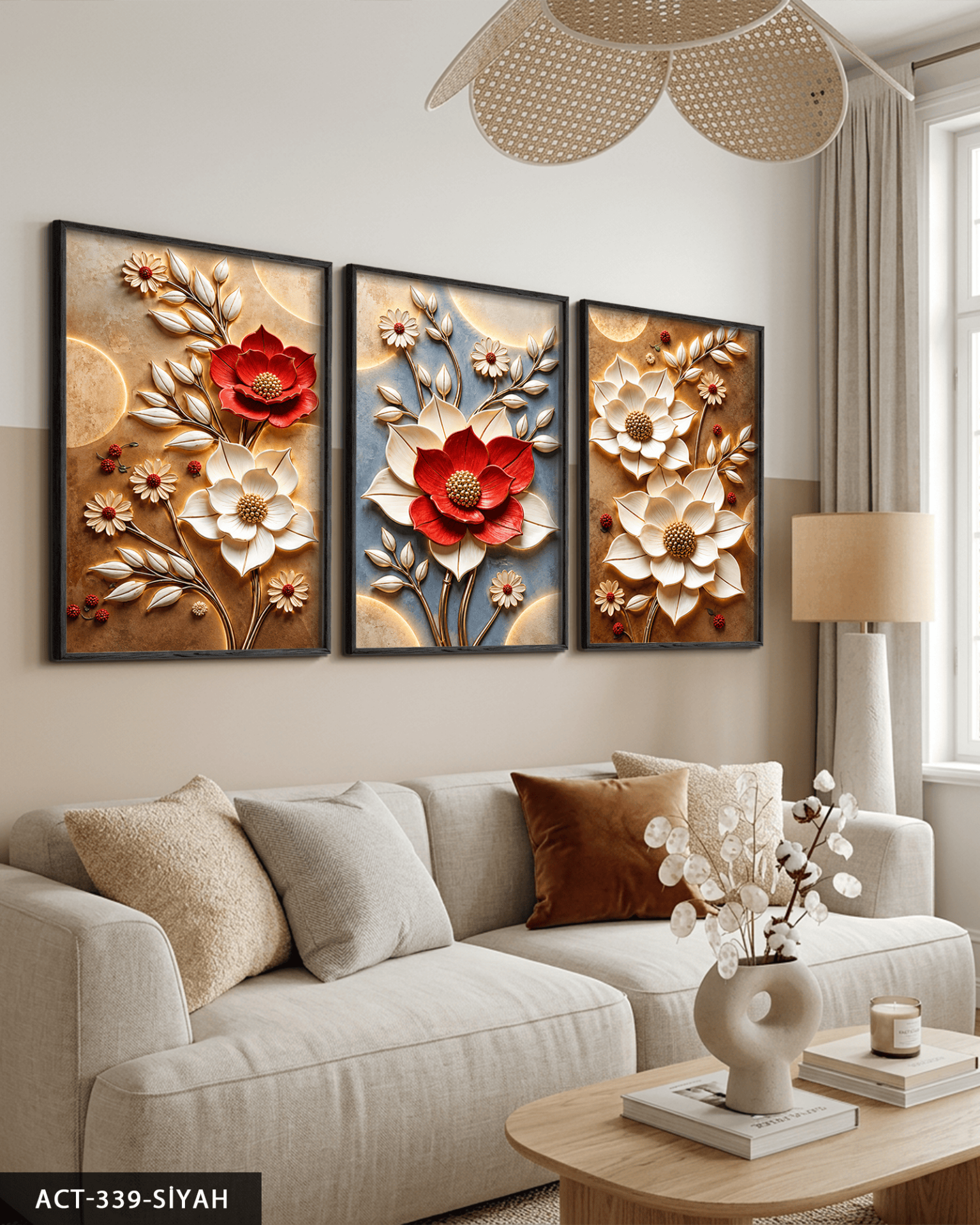 Kırmızı Beyaz Çiçek 3 Parça Ahşap Çerçeveli Tablo ACT Siyah - 30 x 40 CM
