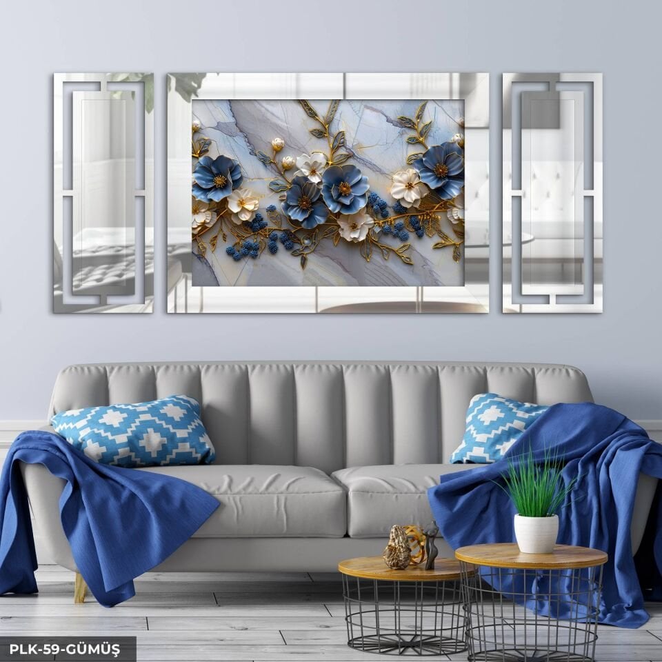 Gold Detaylı Mavi Beyaz Çiçekler Yan Dekorlu 3 Parça Pleksi Tablo DKRPLK 130 x 25 CM - Gümüş