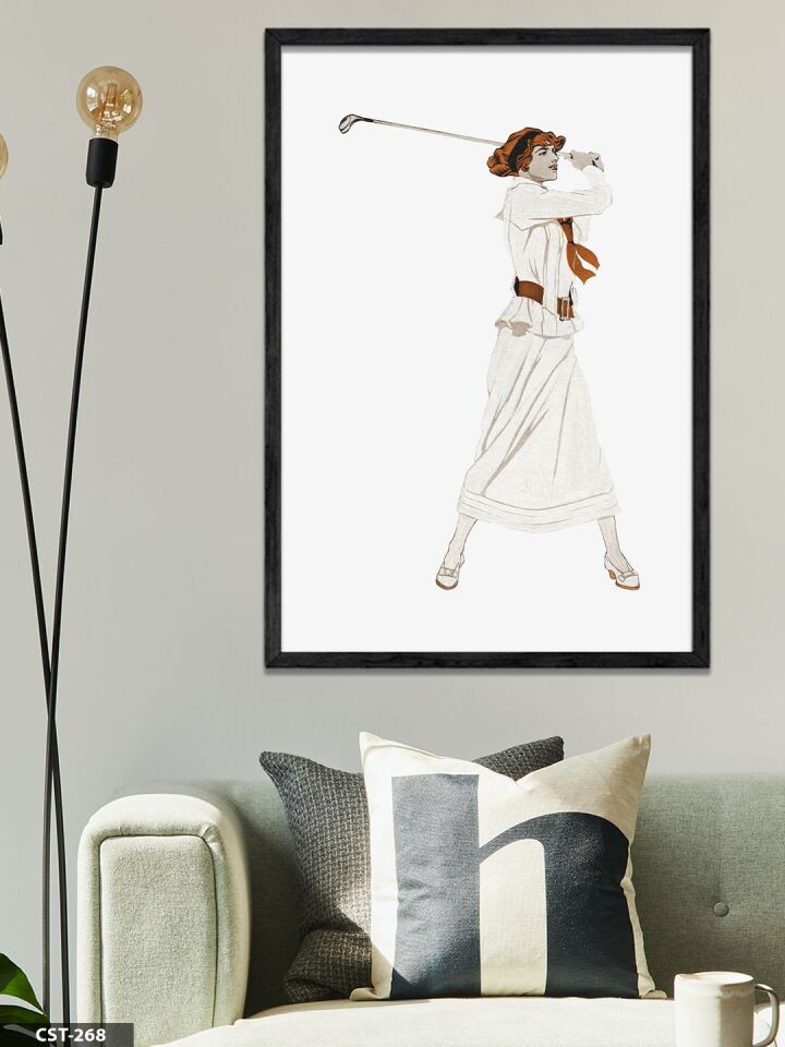 Golfçü Kadın Tek Parça Ahşap Çerçeveli Tablo Siyah - 30 x 40 CM