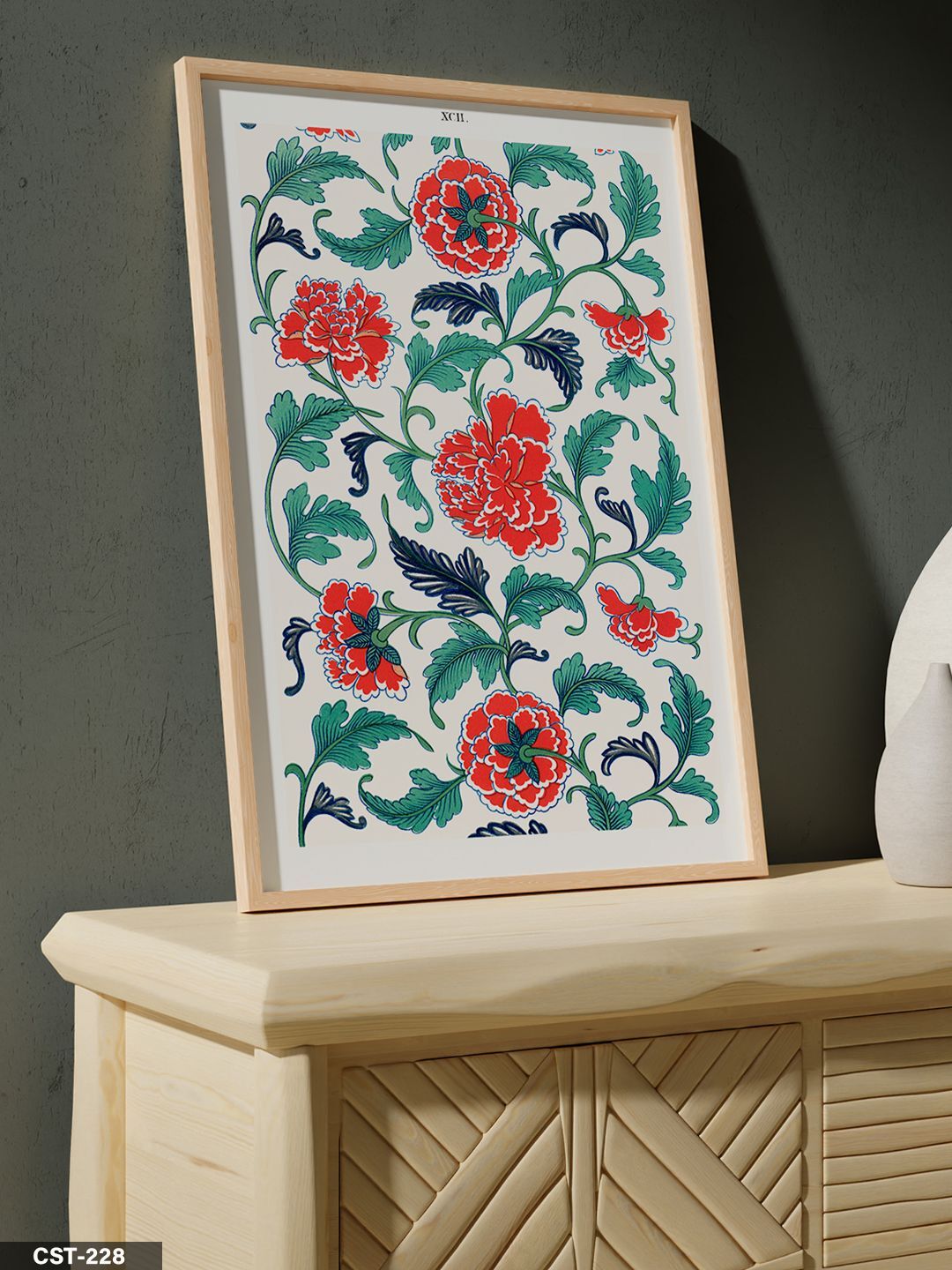 Kırmızı Çiçek Motifi Tek Parça Ahşap Çerçeveli Tablo Naturel - 20 x 30 CM