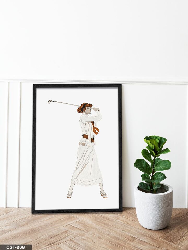 Golfçü Kadın Tek Parça Ahşap Çerçeveli Tablo Siyah - 30 x 40 CM