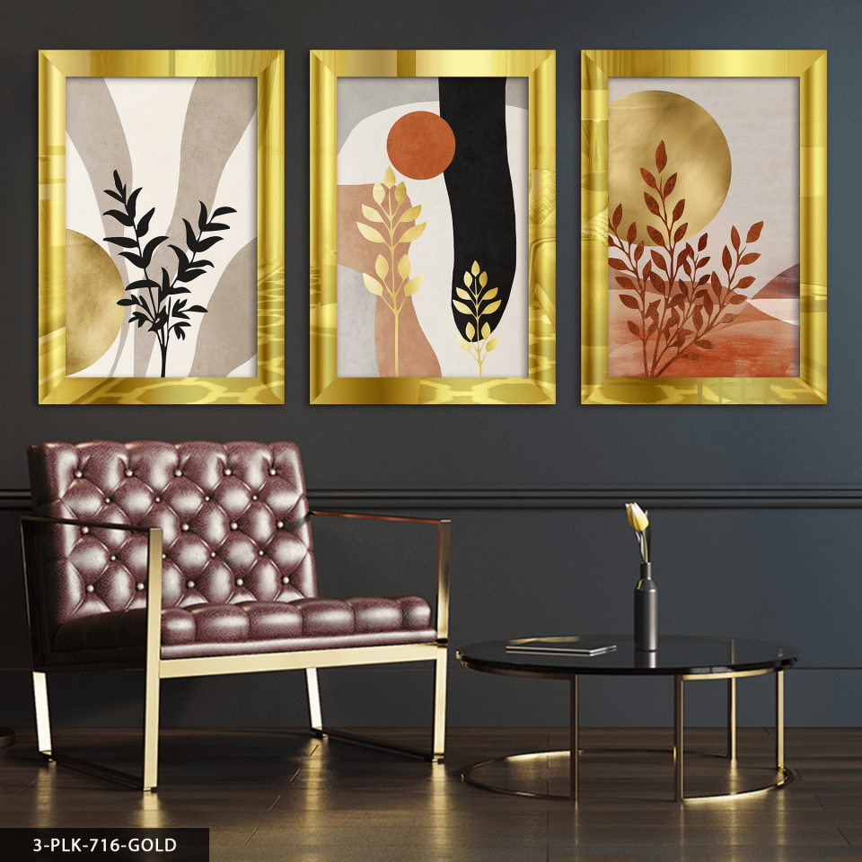 Boho Tarzı Gold Detaylı Desenler 3 Parça Pleksi Aynalı Tablo