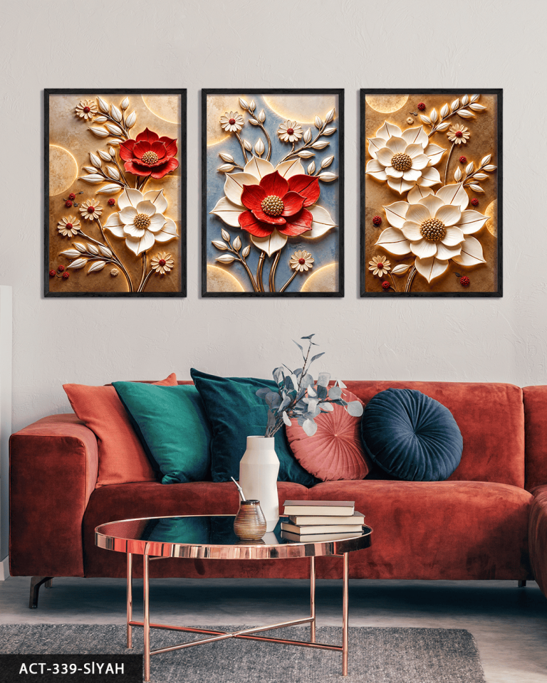 Kırmızı Beyaz Çiçek 3 Parça Ahşap Çerçeveli Tablo ACT Siyah - 40 x 60 CM