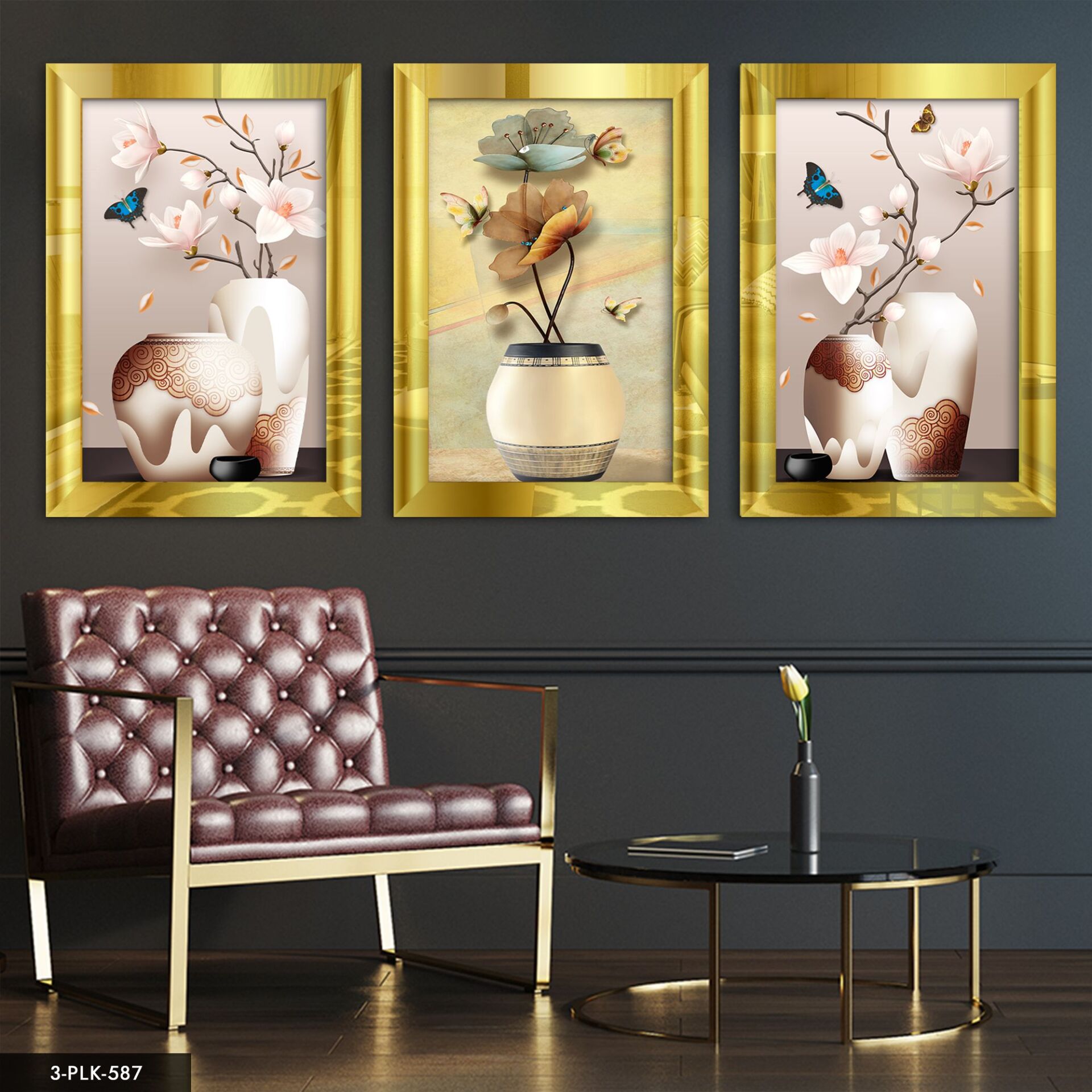 Vazo Çiçekler 3 Parça Pleksi Aynalı Tablo 50 x 70 CM - Gold
