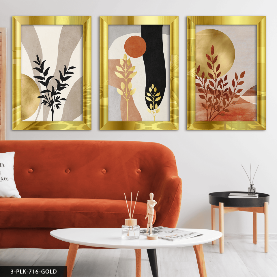 Boho Tarzı Gold Detaylı Desenler 3 Parça Pleksi Aynalı Tablo 20 x 30 CM - Gold
