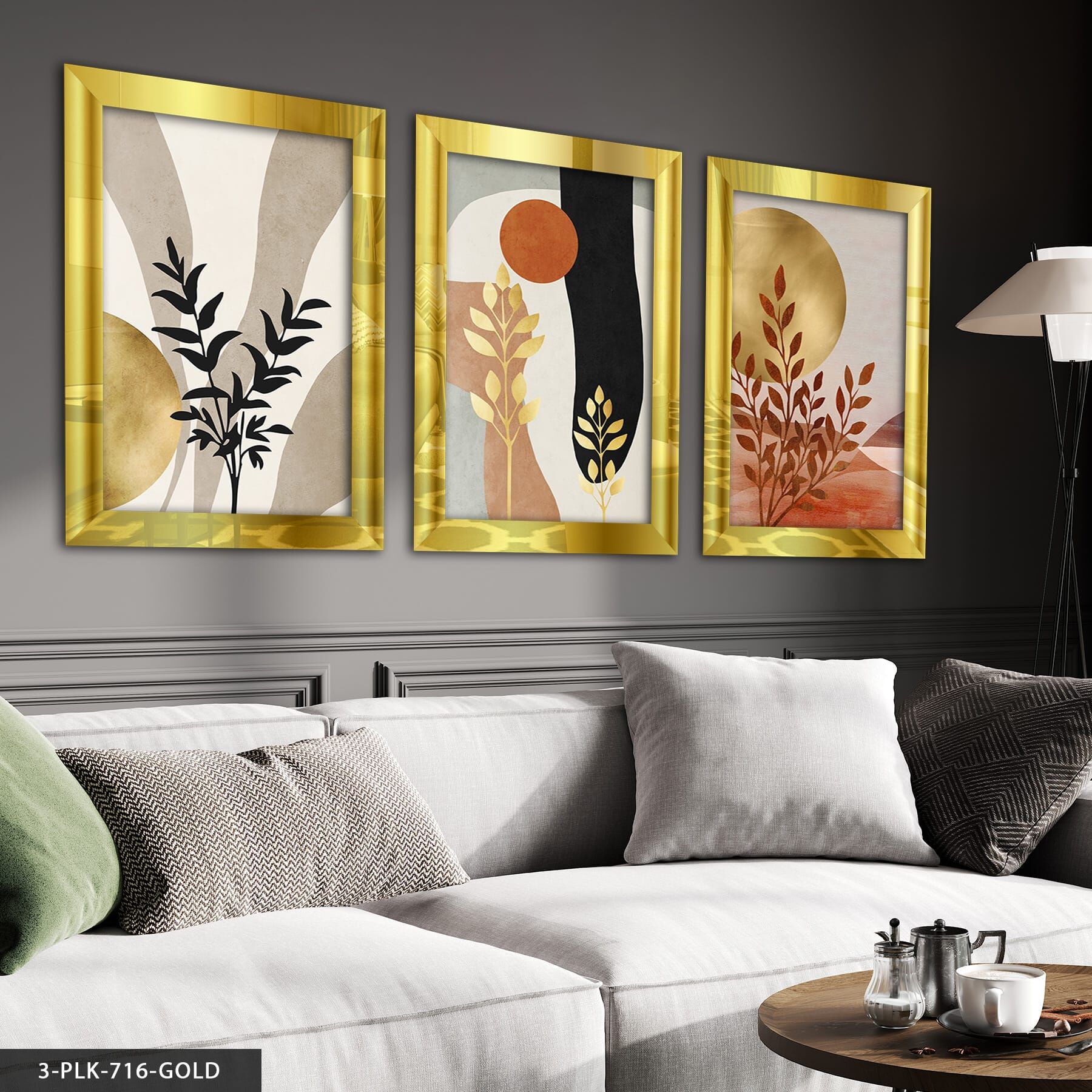 Boho Tarzı Gold Detaylı Desenler 3 Parça Pleksi Aynalı Tablo 20 x 30 CM - Gold