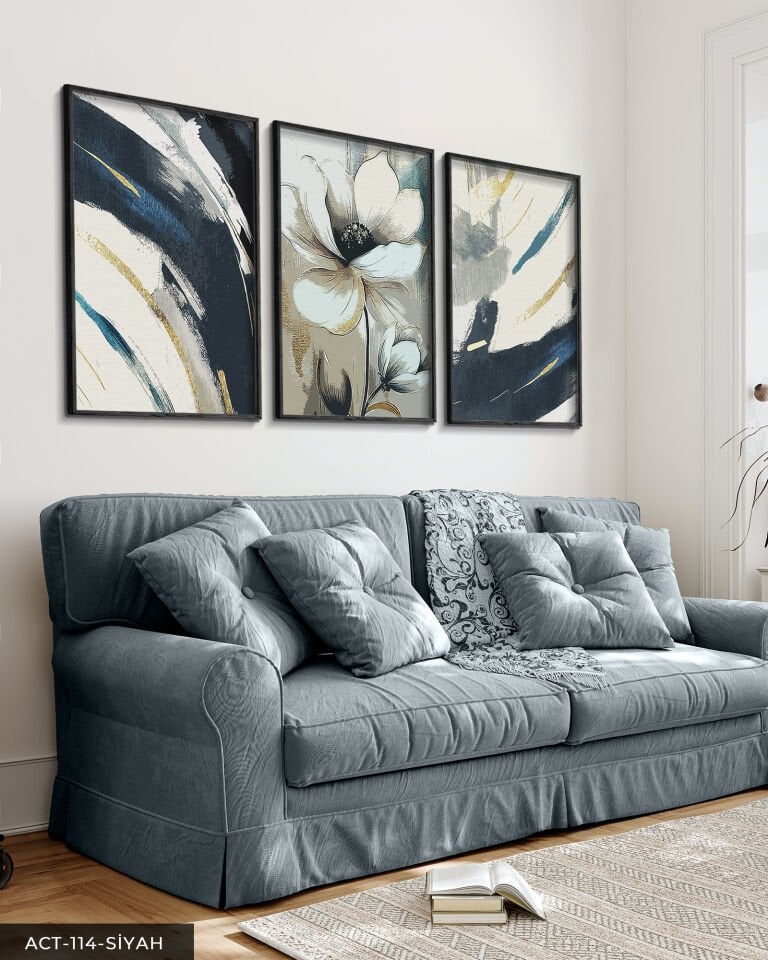 Beyaz Çiçek ve Soyut Sanat 3 Parça Ahşap Çerçeveli Tablo ACT