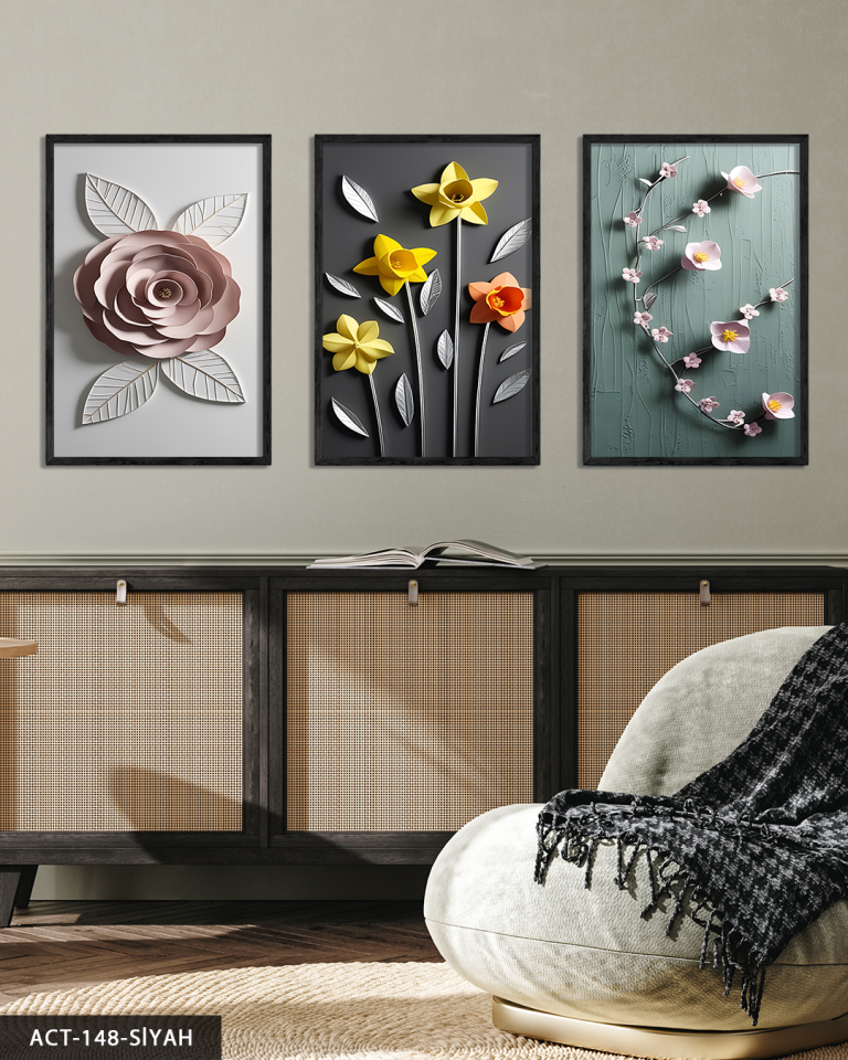 Zarif Sarı Çiçekler 3 Parça Ahşap Çerçeveli Tablo ACT Siyah - 20 x 30 CM