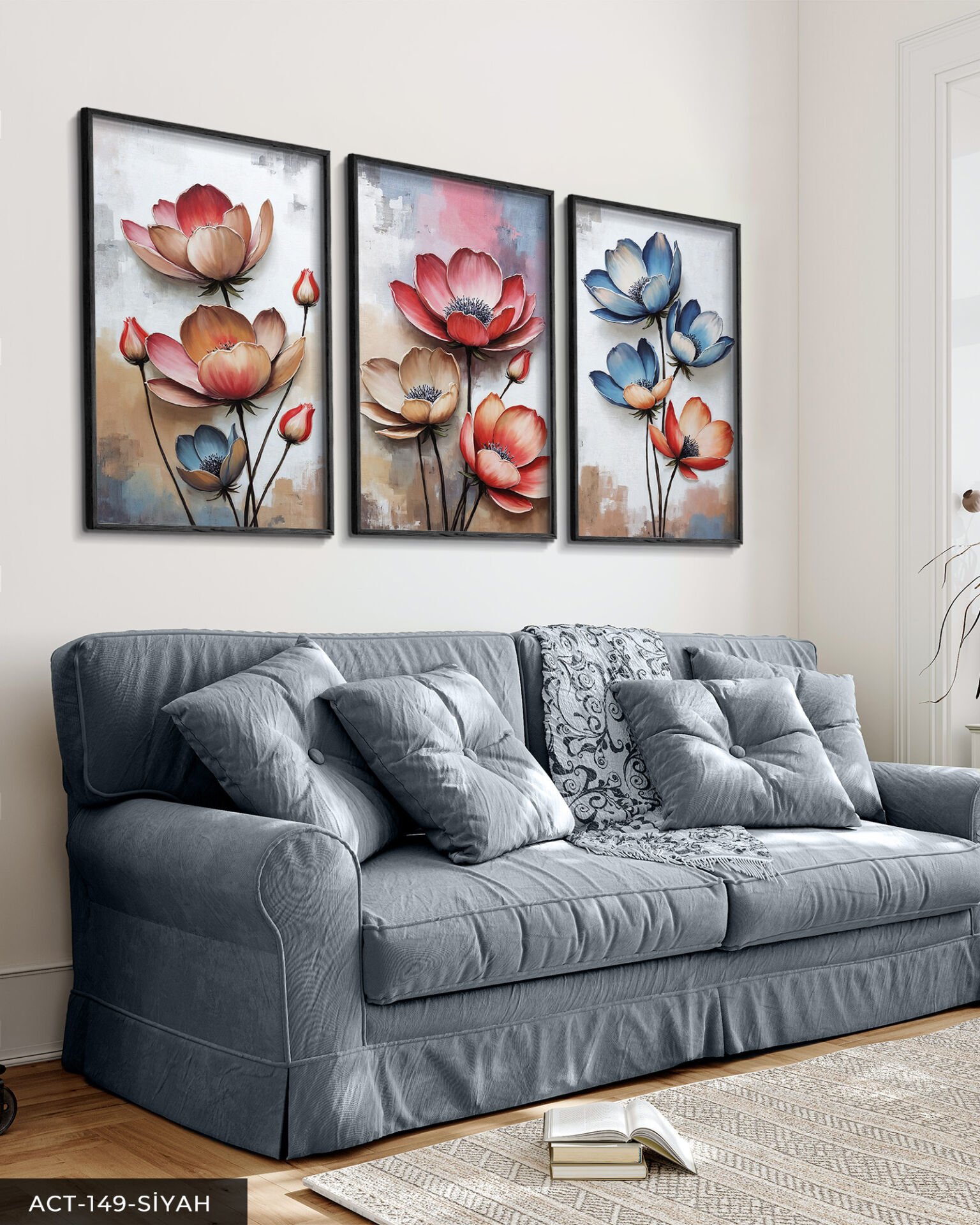 Kırmızı ve mavi Çiçekler 3 Parça Ahşap Çerçeveli Tablo ACT Siyah - 20 x 30 CM