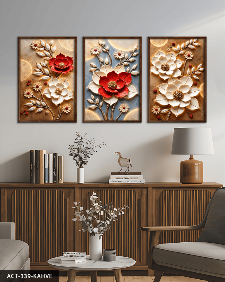 Kırmızı Beyaz Çiçek 3 Parça Ahşap Çerçeveli Tablo ACT Kahverengi - 30 x 40 CM