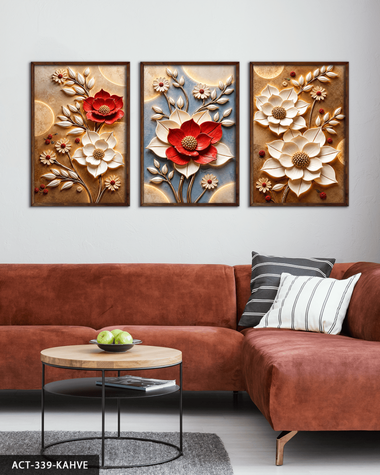Kırmızı Beyaz Çiçek 3 Parça Ahşap Çerçeveli Tablo ACT Kahverengi - 30 x 40 CM
