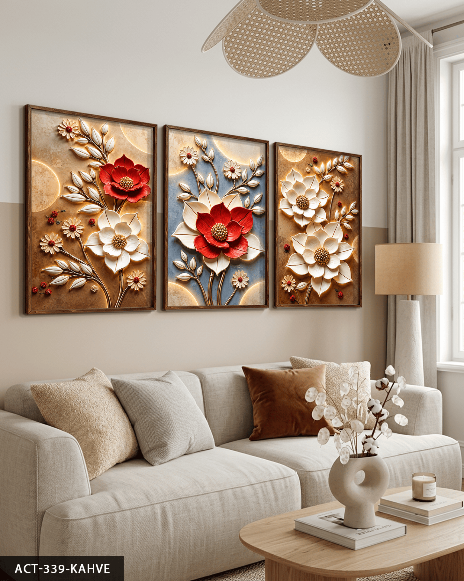 Kırmızı Beyaz Çiçek 3 Parça Ahşap Çerçeveli Tablo ACT Kahverengi - 40 x 60 CM