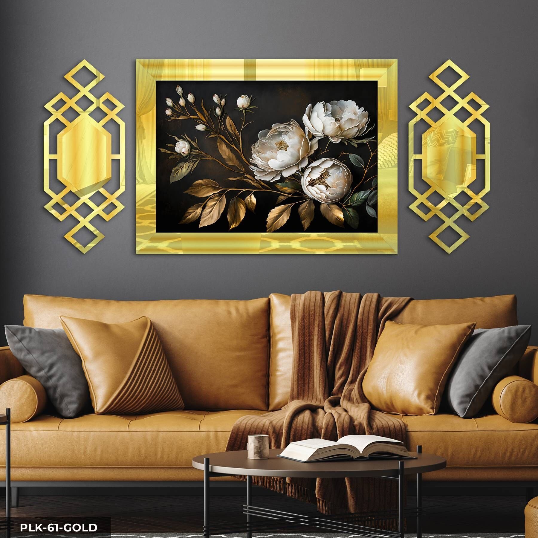 Gold Yapraklı Beyaz Çiçek Yan Dekorlu 3 Parça Pleksi Tablo DKRPLK 130 x 25 CM - Gold