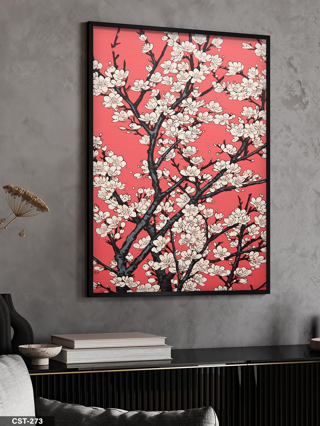 Dalda Beyaz Çiçek Tek Parça Ahşap Çerçeveli Tablo Siyah - 30 x 40 CM