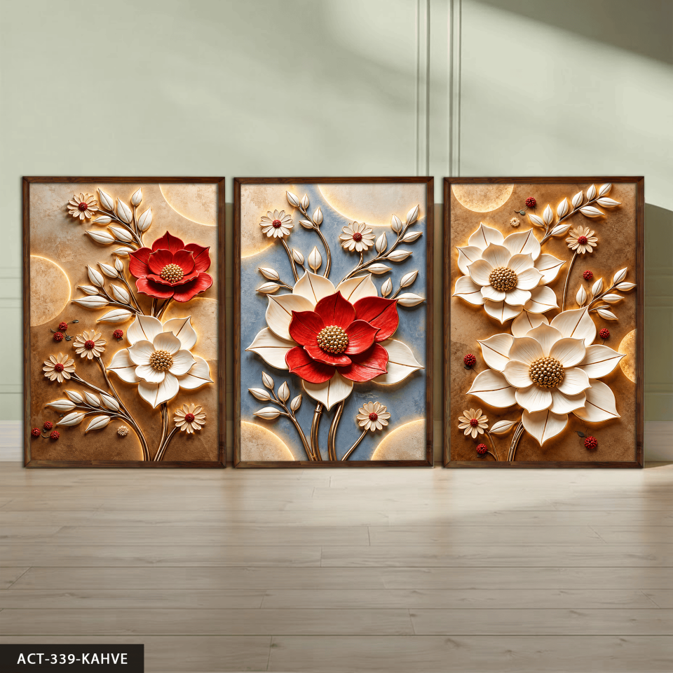 Kırmızı Beyaz Çiçek 3 Parça Ahşap Çerçeveli Tablo ACT Kahverengi - 50 x 70 CM