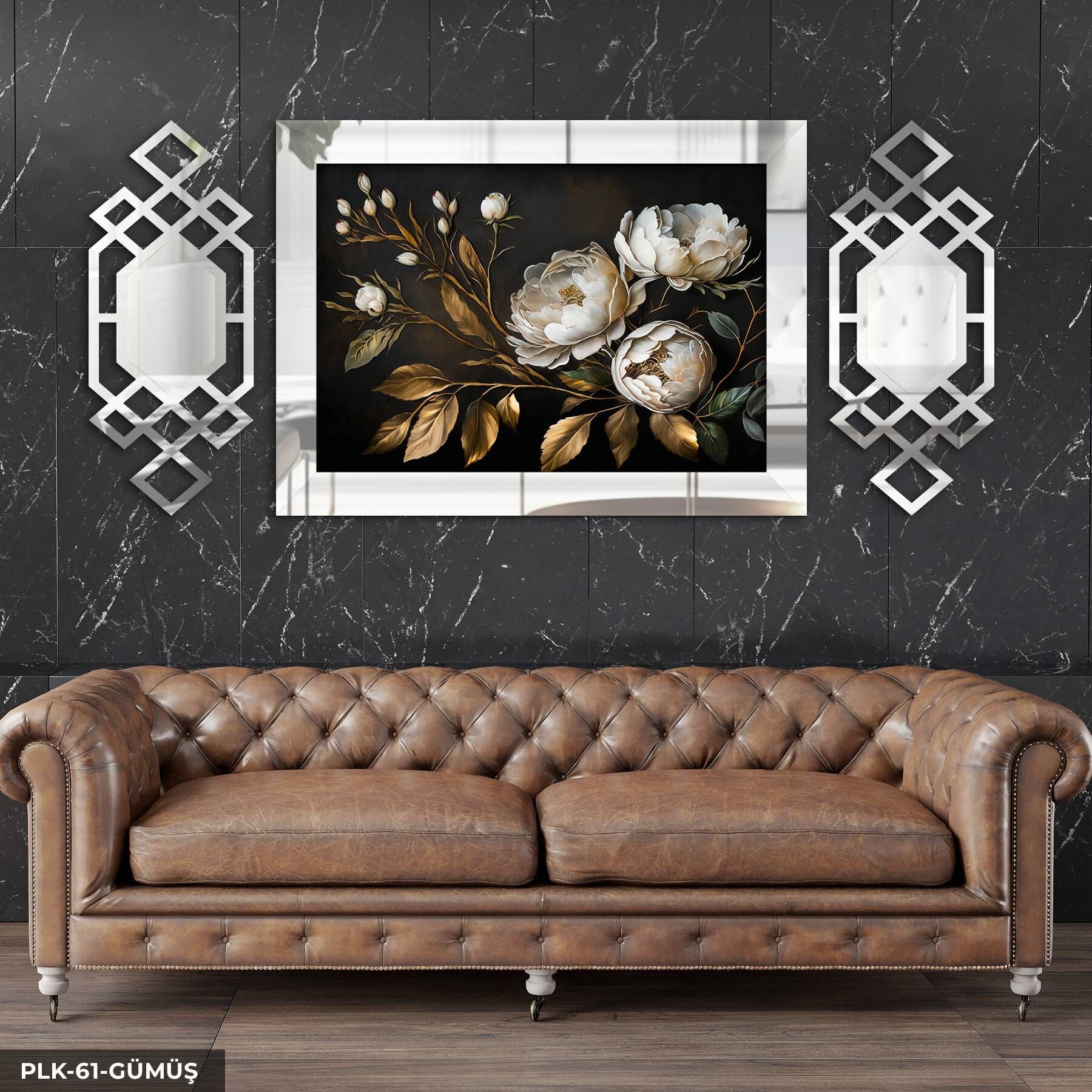 Gold Yapraklı Beyaz Çiçek Yan Dekorlu 3 Parça Pleksi Tablo DKRPLK 130 x 25 CM - Gümüş