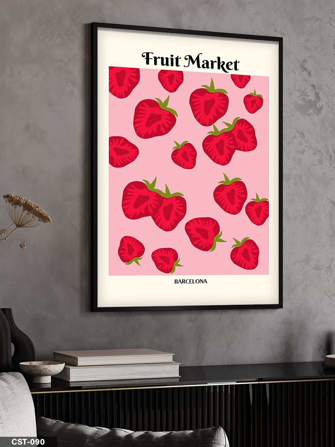 Kırmızı Çiçekli illüstrasyon Flower Market Tek Parça Ahşap Çerçeveli Tablo Siyah - 50 x 70 CM