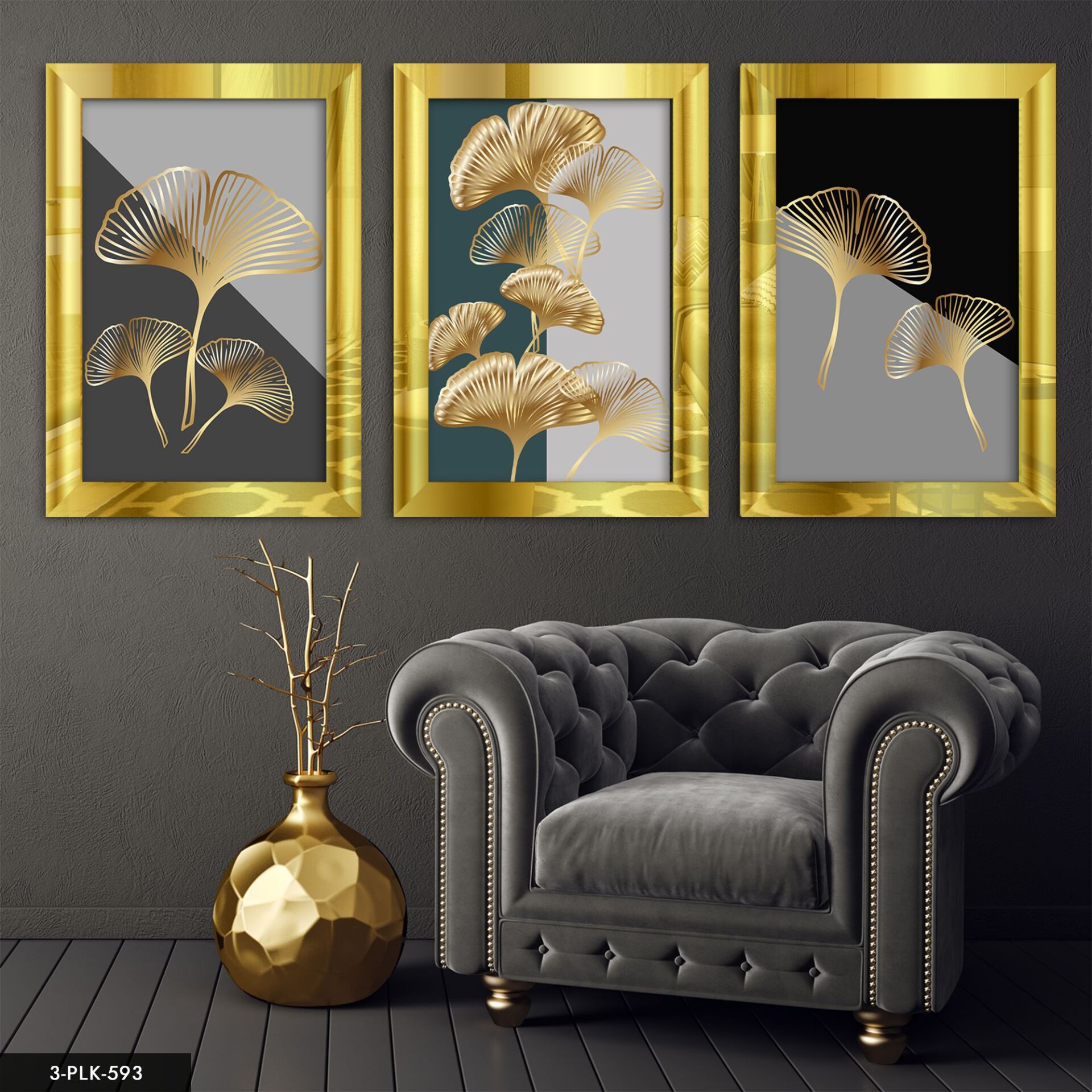 Çiçek 3 Parça Pleksi Aynalı Tablo 50 x 70 CM - Gold